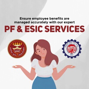 Image depicting a woman looking confused with PF & ESIC logos, promoting expert services for managing employee benefits.