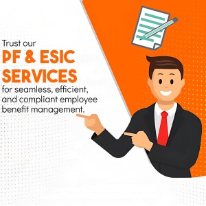 Illustration of a man pointing towards a document with text about PF & ESIC services.