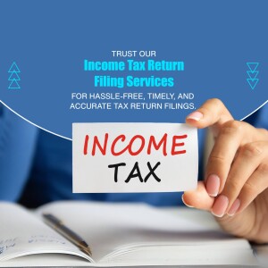 Hand holding a card with 'Income Tax' written on it, promoting tax filing services.