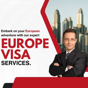 Man in suit with city skyline and text promoting Europe Visa Services