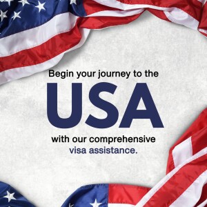 American flag with text promoting USA visa assistance