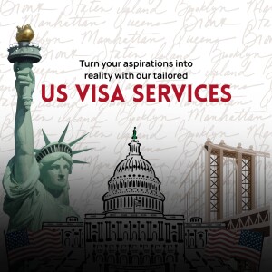 Image depicting the Statue of Liberty, US Capitol Building, Brooklyn Bridge, and American flag with text promoting US Visa Services.