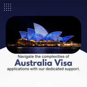 Sydney Opera House illuminated at night with text about Australia Visa applications