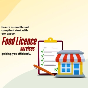 Illustration of a clipboard with checkmarks, a pen, and a shopfront, promoting food licence services.