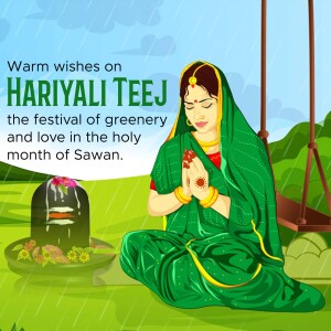 Illustration of a woman celebrating Hariyali Teej with a Shivling and swing in the background.