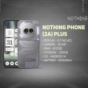 Close-up of the Nothing Phone (2a) Plus smartphone displaying its unique design and specifications.