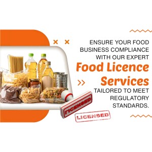 Image promoting food licence services with food items and a 'Licensed' stamp.