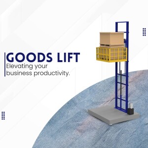 Illustration of a goods lift with a cardboard box, promoting business productivity.