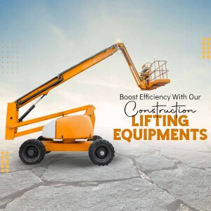 Orange construction lift equipment on a cracked surface with text promoting efficiency.