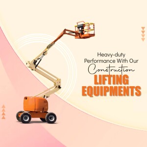 Orange boom lift construction equipment against a peach and white background with text.