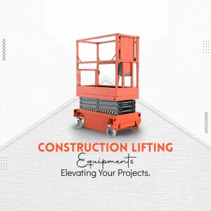 Orange scissor lift on a white background with text 'Construction Lifting Equipment'