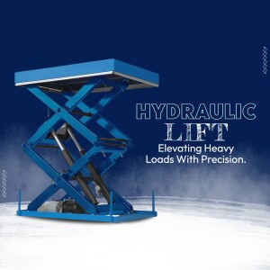Blue hydraulic scissor lift with text 'Hydraulic Lift - Elevating Heavy Loads With Precision'
