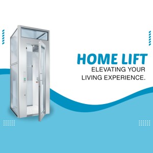 Silver home lift with open door against a blue and white background