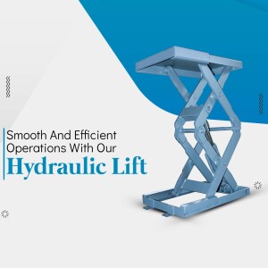 Blue hydraulic scissor lift on a white and blue background