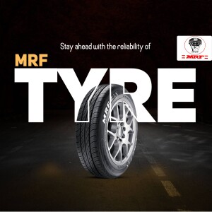 Close-up of an MRF tyre with the text 'TYRE' prominently displayed.