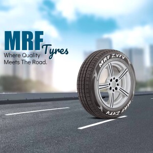 MRF Tyre advertisement with a tyre on a road