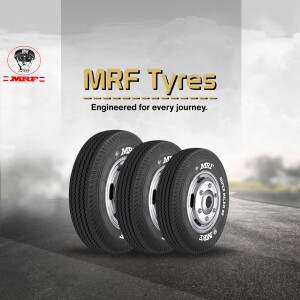 MRF Tyres advertisement featuring three tyres of different sizes on a road.