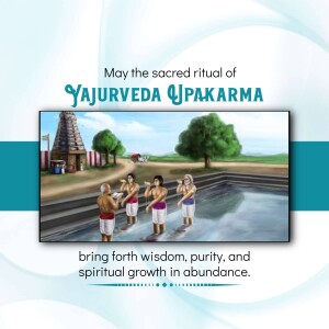 Illustration of a Yajurveda Upakarma ritual with people performing the ceremony near a temple and water body.