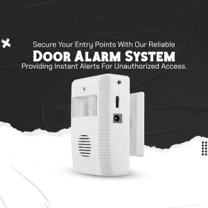 White door alarm system with text overlay promoting security