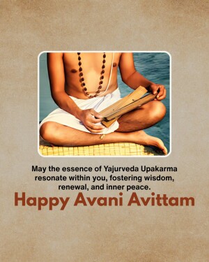 A man meditating with a wooden instrument, with text wishing 'Happy Avani Avittam'
