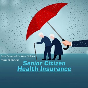 Illustration of an elderly couple being sheltered under a red umbrella by a helping hand, promoting senior health insurance.