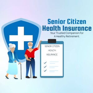 Illustration of a senior couple with health insurance shield and clipboard.