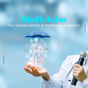 Image depicting healthcare protection with Mediclaim logo and a doctor's hand holding a representation of a person under an umbrella.