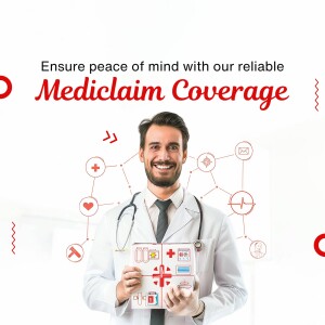 Doctor holding a tablet with Mediclaim coverage information.