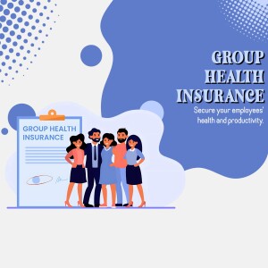 Illustration of a diverse group of employees with a clipboard displaying 'Group Health Insurance'.