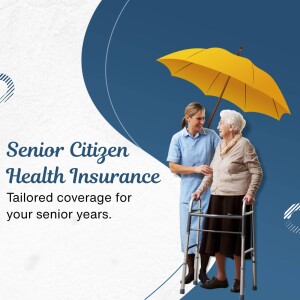 A healthcare worker with an elderly woman under an umbrella, promoting senior health insurance.
