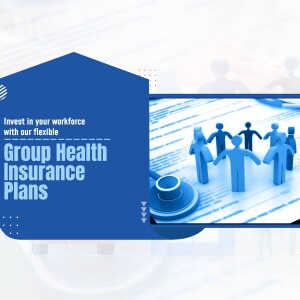Image depicting a group of people and health insurance symbols, promoting group health insurance plans.