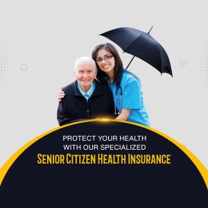 A young healthcare worker with an elderly man under an umbrella, promoting senior health insurance.