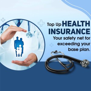 Doctor's hands protecting a family with a stethoscope, promoting top-up health insurance.