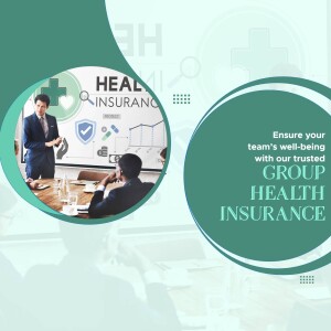 Image depicting a business presentation about group health insurance with text overlay promoting team well-being.