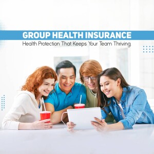 Diverse team looking at a tablet, representing group health insurance benefits.