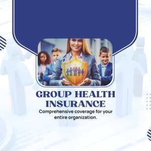 Image depicting group health insurance with a shield and diverse people.