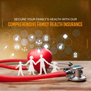 Family health insurance illustration with paper cutouts and medical icons.