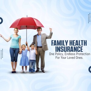Family under a red umbrella promoting health insurance
