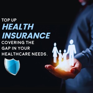 Image depicting a hand holding glowing figures representing a family, with a shield and text promoting top-up health insurance.