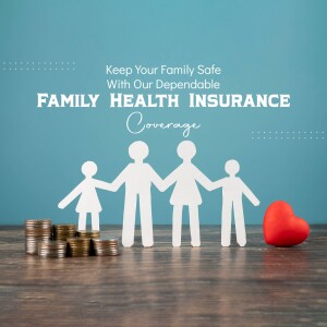 Paper family figures with coins and a heart representing family health insurance coverage.