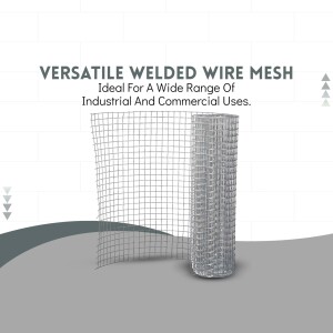 Silver welded wire mesh roll on a gray background with text overlay.