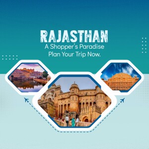 Rajasthan tourism advertisement featuring iconic landmarks and shopping opportunities.