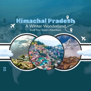 Himachal Pradesh travel poster featuring snowy landscapes and city views.