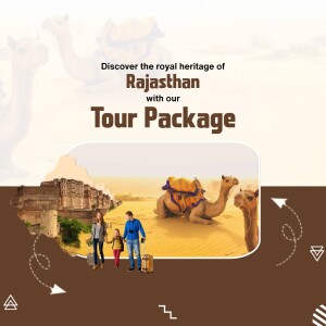 Image promoting a Rajasthan tour package with camels, a fort, and a family.