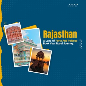 Rajasthan tourism advertisement featuring iconic landmarks