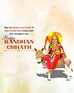 Image depicting Maa Shitala Devi on a donkey with festive text for Randhan Chhath