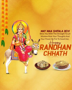 Image depicting Maa Shitala Devi on a donkey with traditional food offerings for Randhan Chhath.