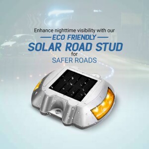 Close-up of a solar road stud with text promoting nighttime visibility and safer roads.