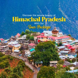 Scenic view of a village in Himachal Pradesh with text promoting a tour package.