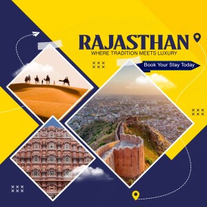 Rajasthan travel poster featuring desert landscapes, forts, and cityscapes.